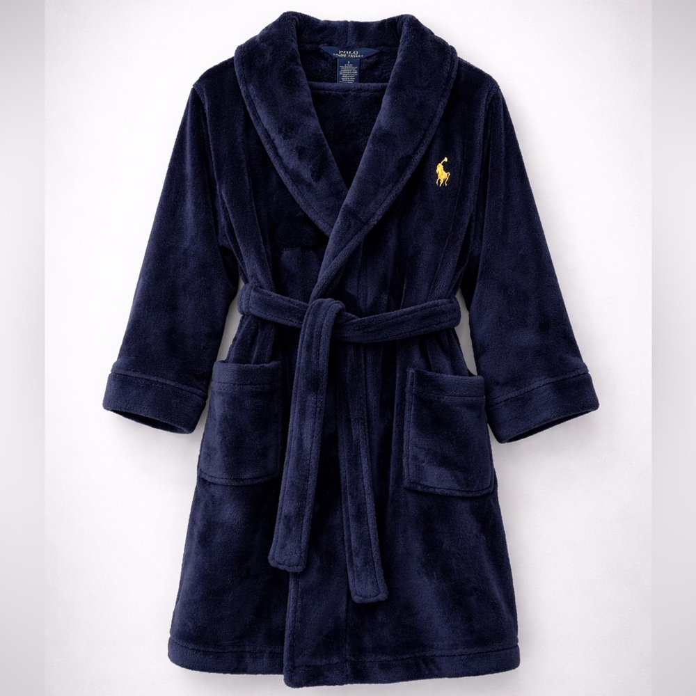 Polo Ralph Lauren Boys Size 7 Navy Plush Fleece Robe Belted Pony Logo